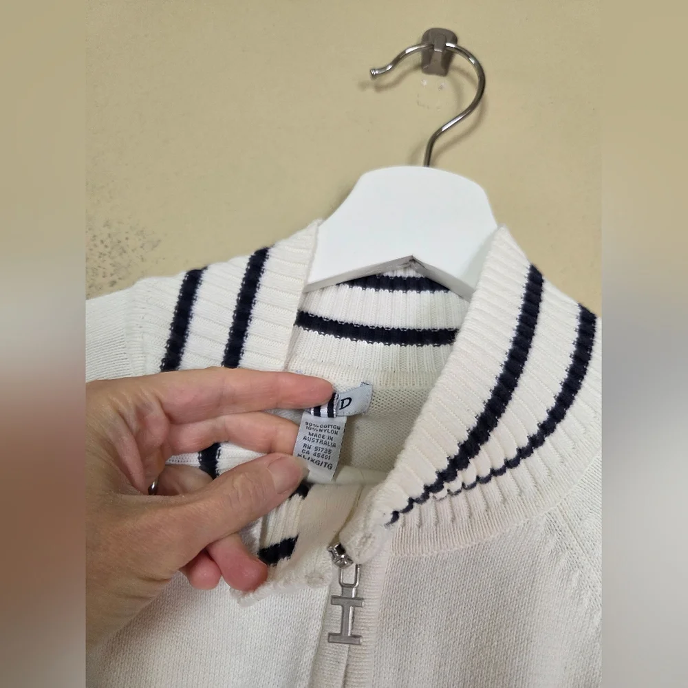 Izod Cotton Knit Zip Up Cardigan Sweater Sporty Stripe Preppy Nautical